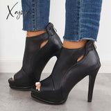 Xajzpa - Black Peep Toe Stilettos Platform High Heel Ankle Boots