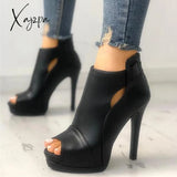 Xajzpa - Black Peep Toe Stilettos Platform High Heel Ankle Boots / 5