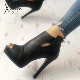 Xajzpa - Black Peep Toe Stilettos Platform High Heel Ankle Boots