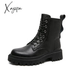 Xajzpa - Black Platform Combat Ankle Boots For Women Lace Up Buckle Strap Woman Shoes Winter Biker