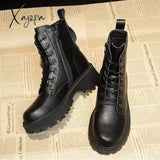 Xajzpa - Black Platform Combat Ankle Boots For Women Lace Up Buckle Strap Woman Shoes Winter Biker