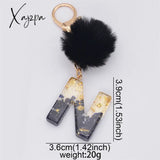 Xajzpa - Black Pompom Letter Keychain Glitter Gradient Resin A-Z Initials Alphabet Keyring Pendant