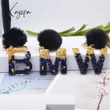 Xajzpa - Black Pompom Letter Keychain Glitter Gradient Resin A-Z Initials Alphabet Keyring Pendant