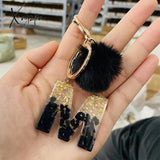 Xajzpa - Black Pompom Letter Keychain Glitter Gradient Resin A-Z Initials Alphabet Keyring Pendant