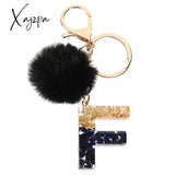 Xajzpa - Black Pompom Letter Keychain Glitter Gradient Resin A-Z Initials Alphabet Keyring Pendant