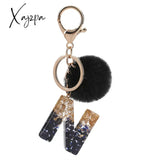 Xajzpa - Black Pompom Letter Keychain Glitter Gradient Resin A-Z Initials Alphabet Keyring Pendant