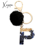 Xajzpa - Black Pompom Letter Keychain Glitter Gradient Resin A-Z Initials Alphabet Keyring Pendant