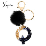 Xajzpa - Black Pompom Letter Keychain Glitter Gradient Resin A-Z Initials Alphabet Keyring Pendant