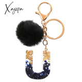 Xajzpa - Black Pompom Letter Keychain Glitter Gradient Resin A-Z Initials Alphabet Keyring Pendant