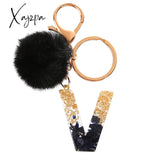 Xajzpa - Black Pompom Letter Keychain Glitter Gradient Resin A-Z Initials Alphabet Keyring Pendant