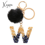 Xajzpa - Black Pompom Letter Keychain Glitter Gradient Resin A-Z Initials Alphabet Keyring Pendant