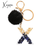 Xajzpa - Black Pompom Letter Keychain Glitter Gradient Resin A-Z Initials Alphabet Keyring Pendant