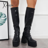 Xajzpa - Black Punk Platform Chunky High Heel Knee Boots