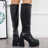 Xajzpa - Black Punk Platform Chunky High Heel Knee Boots