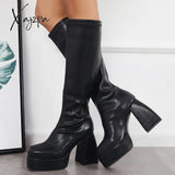 Xajzpa - Black Punk Platform Chunky High Heel Knee Boots