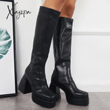 Xajzpa - Black Punk Platform Chunky High Heel Knee Boots
