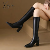 Xajzpa - Black White High Heels Long Boots Women 2023 Autumn Winter Pu Leather Knee High Boots Woman Side Zipper Square Toe Knight Botas