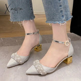 Xajzpa - Bling Crystal High Heels Pumps Women Elegant Pearl Buckle Square Wedding Party Shoes