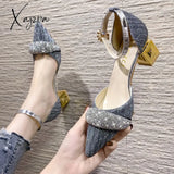 Xajzpa - Bling Crystal High Heels Pumps Women Elegant Pearl Buckle Square Wedding Party Shoes