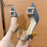 Xajzpa - Bling Crystal High Heels Pumps Women Elegant Pearl Buckle Square Wedding Party Shoes