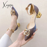 Xajzpa - Bling Crystal High Heels Pumps Women Elegant Pearl Buckle Square Wedding Party Shoes