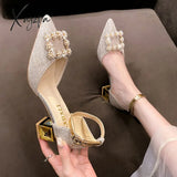 Xajzpa - Bling Crystal High Heels Pumps Women Elegant Pearl Buckle Square Wedding Party Shoes