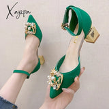 Xajzpa - Bling Crystal High Heels Pumps Women Elegant Pearl Buckle Square Wedding Party Shoes