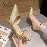 Xajzpa - Bling Gold Silver Women's Pumps Sexy Point Toe Thin Heel Party Wedding Shoes Woman Summer Ankle Strap High Heels Shoes