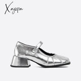 Xajzpa - Block Leatherette Daily Women Heeled Mary Janes Silver / Eu 35 | Us 5