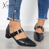 Xajzpa - Block Low Heel Mary Jane Pumps Pointed Toe Buckle Dress Shoes / Heels