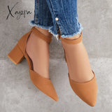 Xajzpa - Block Low Heel Pumps Pointed Toe Ankle Buckle Strap Heels /