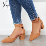 Xajzpa - Block Low Heel Pumps Pointed Toe Ankle Buckle Strap Heels /