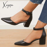 Xajzpa - Block Low Heel Pumps Pointed Toe Ankle Buckle Strap Heels /