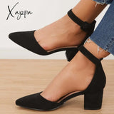 Xajzpa - Block Low Heel Pumps Pointed Toe Ankle Buckle Strap Heels /