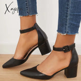 Xajzpa - Block Low Heel Pumps Pointed Toe Ankle Buckle Strap Heels /