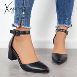 Xajzpa - Block Low Heel Pumps Pointed Toe Ankle Buckle Strap Heels /