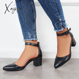 Xajzpa - Block Low Heel Pumps Pointed Toe Ankle Buckle Strap Heels /