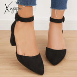 Xajzpa - Block Low Heel Pumps Pointed Toe Ankle Buckle Strap Heels /