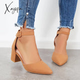 Xajzpa - Block Low Heel Pumps Pointed Toe Ankle Buckle Strap Heels /