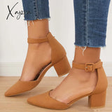 Xajzpa - Block Low Heel Pumps Pointed Toe Ankle Buckle Strap Heels /