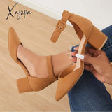 Xajzpa - Block Low Heel Pumps Pointed Toe Ankle Buckle Strap Heels /