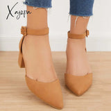 Xajzpa - Block Low Heel Pumps Pointed Toe Ankle Buckle Strap Heels /