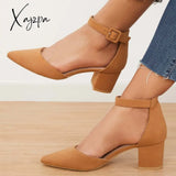 Xajzpa - Block Low Heel Pumps Pointed Toe Ankle Buckle Strap Heels /