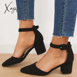 Xajzpa - Block Low Heel Pumps Pointed Toe Ankle Buckle Strap Heels Black-A / 5