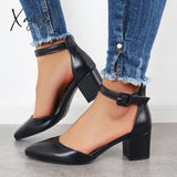 Xajzpa - Block Low Heel Pumps Pointed Toe Ankle Buckle Strap Heels Black-B / 5