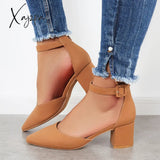 Xajzpa - Block Low Heel Pumps Pointed Toe Ankle Buckle Strap Heels Brown / 5