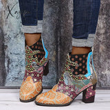 Xajzpa - Bohemian Female Martin Boots Women Casual Retro Ethnic Wind Printing High Heels Shoes New