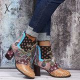 Xajzpa - Bohemian Female Martin Boots Women Casual Retro Ethnic Wind Printing High Heels Shoes New