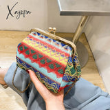 Xajzpa - Boho Straw Woven Kiss Lock Metal Chain Clutch Textured Frame Purse Crossbody Bag Blue / M