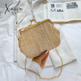 Xajzpa - Boho Straw Woven Kiss Lock Metal Chain Clutch Textured Frame Purse Crossbody Bag Khaki / M